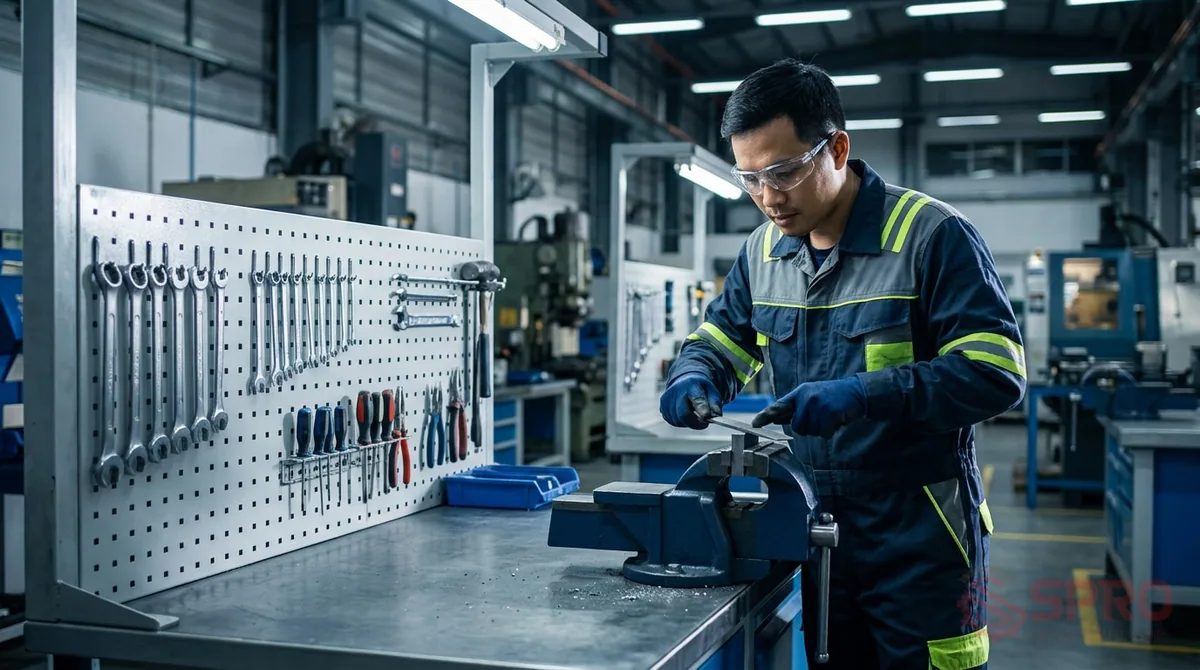 Bàn nguội cơ khí 5S xưởng bảo trì: Quy trình vận hành & bảo dưỡng chuẩn 2 bàn nguội cơ khí 5s - Lưu ý an toàn lao động bắt buộc khi thao tác: An toàn là ưu tiên hàng đầu tại khu vực bàn nguội cơ khí.