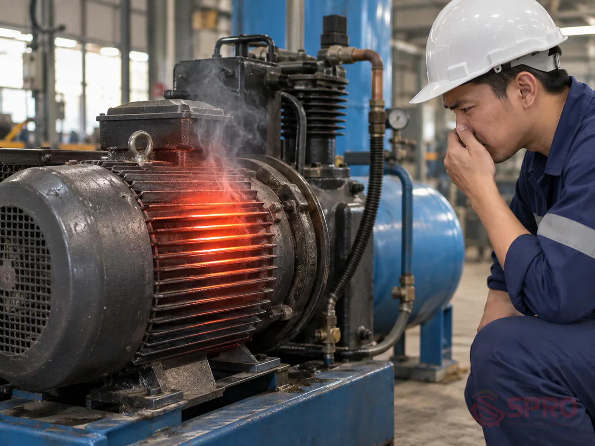 bảo trì phòng ngừa máy nén khí động - Triệu chứng bất thường cảnh báo động cơ điện gặp sự cố: Người vận hành cần chú ý phát hiện sớm các biểu hiện bất thường trên hệ thống: Nhiệt độ vỏ động cơ tăng cao: Vỏ mô tơ nóng bừng bất thường, có mùi khét nhẹ từ sơn tản nhiệt hoặc lớp cách điện.
