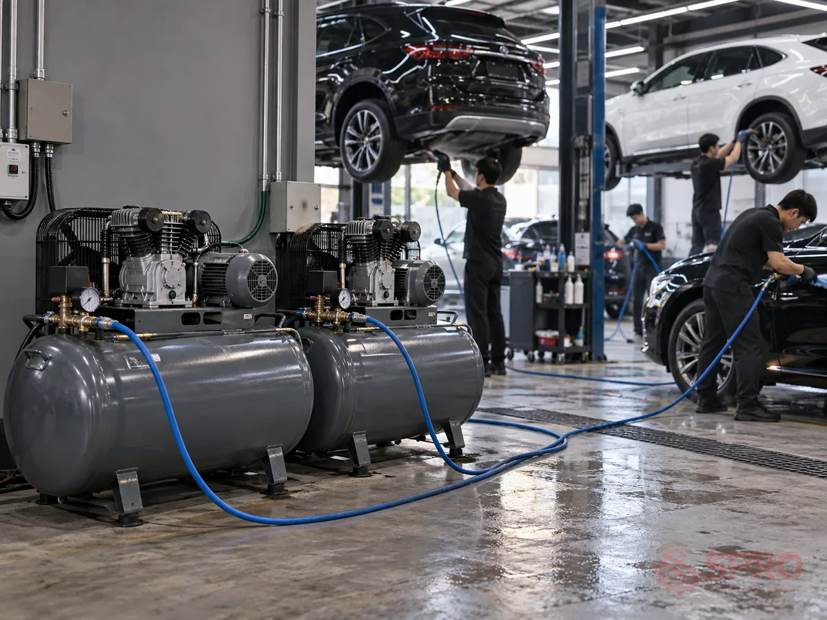 Bình Tích Khí Máy Nén Khí Tiệm Rửa Xe: So Sánh Chi Phí & Dung Tích 2 bình tích khí máy nén khí tiệm rửa - Case Study 1: Nâng cấp hệ thống tại Trung tâm Detailing quy mô 400m² tại TP.HCM: 5HP gắn bình 200L chạy song song.