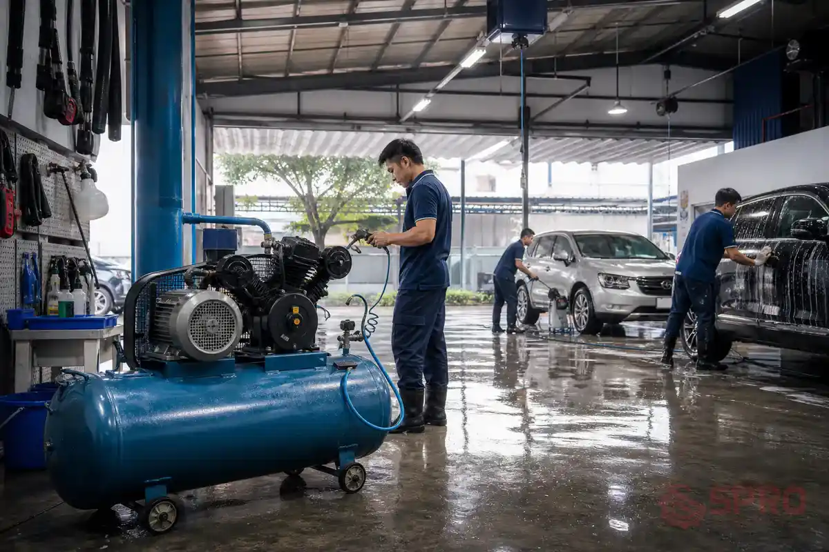 Cách tính công suất máy nén khí tiệm rửa xe: Chọn đúng theo quy mô, tần suất và nhu cầu mở rộng 1 Cách tính công suất máy nén khí tiệm rửa xe để chọn đúng ngay từ đầu: Cách tính công suất máy nén khí tiệm rửa xe không nên bắt đầu từ việc nhìn vào một con số trên tem máy, mà phải bắt đầu từ nhu cầu sử dụng thực tế của tiệm.