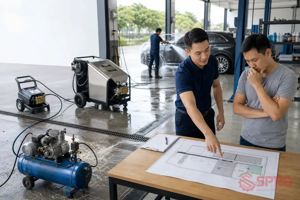 Cách tính công suất máy nén khí tiệm rửa xe: Chọn đúng theo quy mô, tần suất và nhu cầu mở rộng 3 cách tính công suất máy nén khí tiệm - Khi nào nên liên hệ SPRO để được tư vấn?: Bạn nên liên hệ khi: Đang mở tiệm mới và chưa chốt cấu hình khí nén.