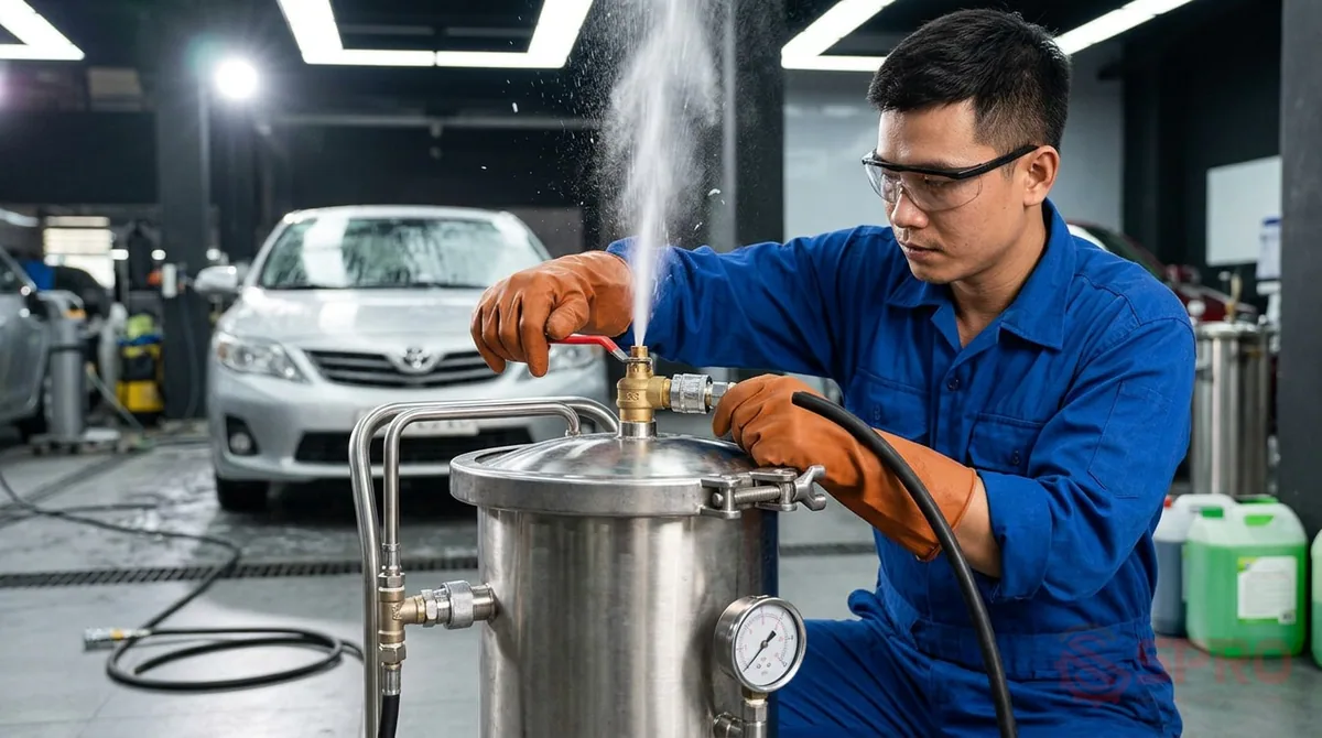 chi phí dung dịch bọt tuyết tiệm rửa - Lưu ý an toàn kỹ thuật khi vận hành bình áp lực: Luôn ngắt nguồn khí và xả sạch áp suất trong bình trước khi mở nắp châm thêm hóa chất hay bảo dưỡng.