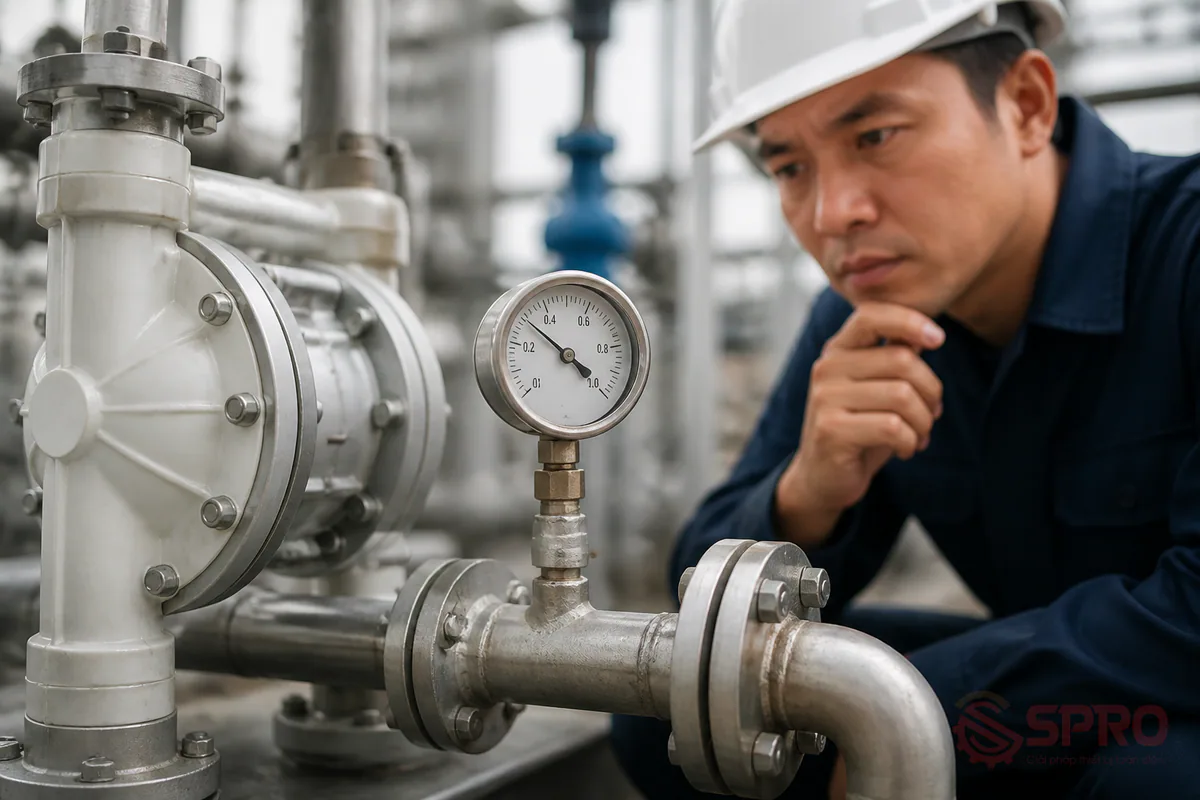 Chọn máy bơm màng khí nén và bơm màng điện hiệu quả 3 chọn máy bơm màng khí nén và bơm - Những sai lầm thường gặp khi chọn máy bơm màng: Chỉ chọn bơm theo lưu lượng danh nghĩa mà bỏ qua tổn thất áp suất thực tế.
