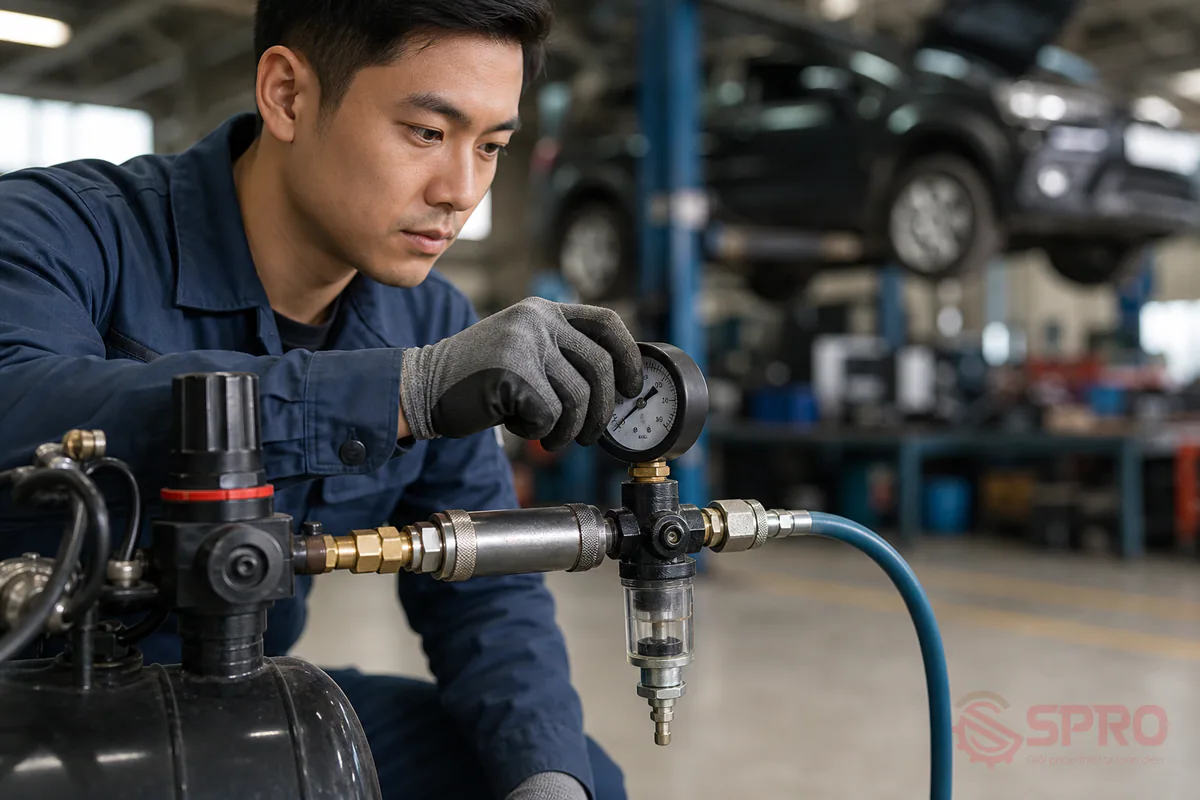 chọn súng siết bu lông khí nén garage - Checklist trước vận hành thiết bị khí nén: Trước khi đưa thiết bị vào làm việc thực tế, kỹ thuật viên cần tuân thủ các bước kiểm tra an toàn hệ thống: Kiểm tra nguồn khí nén: Đảm bảo áp suất khí cấp từ máy nén đạt đúng thông số khuyến cáo của nhà sản xuất.