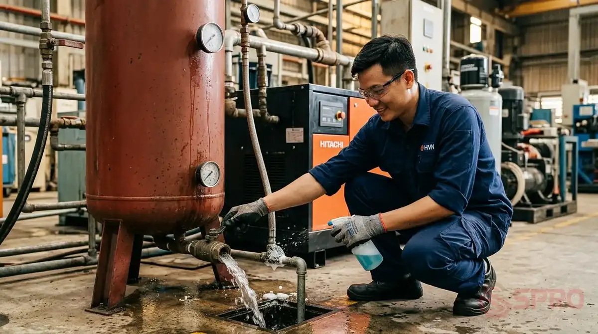 Dấu hiệu hệ thống khí nén bị tụt áp: Nguyên nhân và xử lý 3 dấu hiệu hệ thống khí nén bị tụt - Giải pháp phòng ngừa tụt áp và duy trì hiệu suất hệ thống: Để hệ thống luôn giữ áp suất ổn định, cơ sở sản xuất cần thực hiện các giải pháp bảo trì định kỳ: 1.