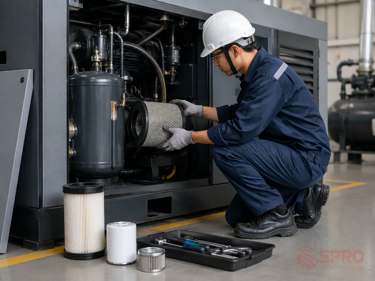 Giải pháp giảm downtime máy nén khí cho nhà máy và garage 1 giải pháp giảm downtime máy nén khí - Phân loại thời gian dừng máy và tầm quan trọng của việc kiểm soát: Thời gian dừng máy (downtime) được chia làm hai nhóm chính: Downtime có kế hoạch (Planned downtime): Thời gian tạm ngưng để thực hiện kiểm tra, bảo trì định kỳ, thay thế linh kiện hao mòn hoặc vệ sinh thiết bị.