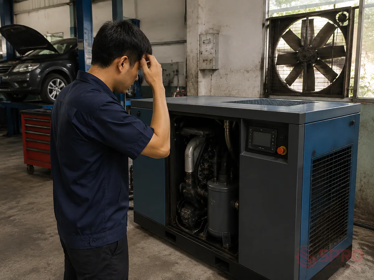 Giải pháp giảm downtime máy nén khí cho nhà máy và garage 2 giải pháp giảm downtime máy nén khí - 3. Case study áp dụng thực tế tại nhà xưởng: Trường hợp xưởng sửa chữa ô tô: Một garage trang bị máy nén khí trục vít thường xuyên bị ngắt máy đột ngột do nhiệt độ cao vào mùa hè.