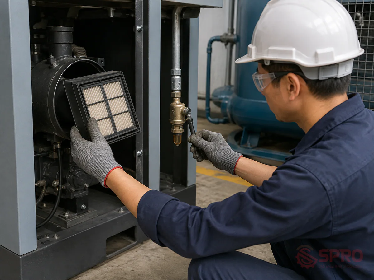 Giải pháp giảm downtime máy nén khí cho nhà máy và garage 3 giải pháp giảm downtime máy nén khí - Kế hoạch bảo dưỡng định kỳ và dấu hiệu cần hỗ trợ kỹ thuật: Nên thiết lập lịch bảo dưỡng cho hệ thống máy nén khí dựa trên số giờ vận hành thực tế: Hằng tuần: Vệ sinh tấm lọc gió đầu vào, kiểm tra van xả tự động.