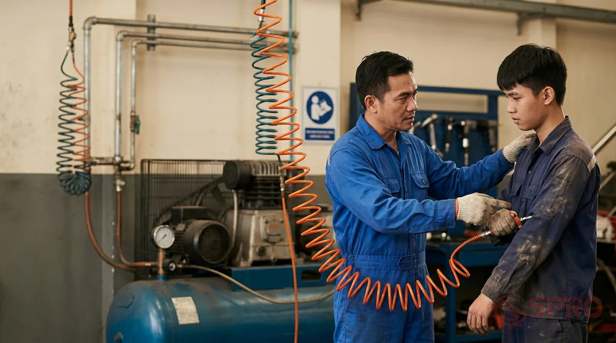 Hệ thống khí nén công nghiệp: Quy trình vận hành và bảo dưỡng 2 hệ thống khí nén công nghiệp - Nguyên tắc an toàn lao động khi sử dụng khí nén: Áp lực tích tụ trong hệ thống khí nén công nghiệp rất lớn nên người thao tác cần tuân thủ嚴格 các quy định an toàn: Không dùng dòng khí nén trực tiếp để xịt vệ sinh bụi trên cơ thể hoặc hướng về phía người khác.