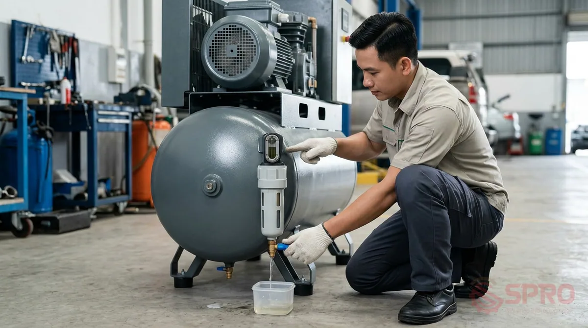 Hệ thống khí nén công nghiệp: Quy trình vận hành và bảo dưỡng 3 Lịch bảo dưỡng hệ thống khí nén công nghiệp và dấu hiệu cần bảo trì: Lập kế hoạch kiểm tra định kỳ giúp phát hiện sớm hư hỏng tiềm ẩn: Hằng ngày: Xả nước ngưng bình chứa và cốc lọc; kiểm tra mức dầu bôi trơn.