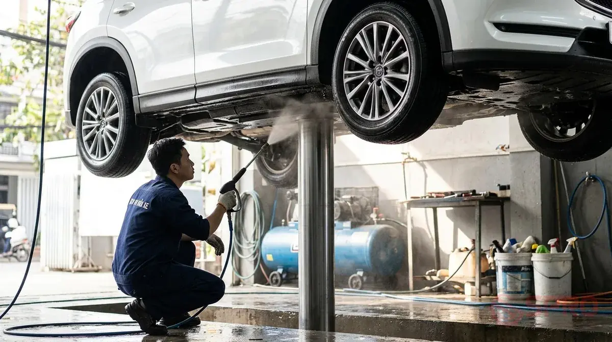 lắp cầu nâng 1 trụ rửa xe âm - Tổng quan về hai phương án thi công cầu nâng: Cầu nâng 1 trụ thủy lực là thiết bị không thể thiếu, giúp nâng hạ ô tô an toàn để vệ sinh gầm, mâm và các chi tiết khó tiếp cận.