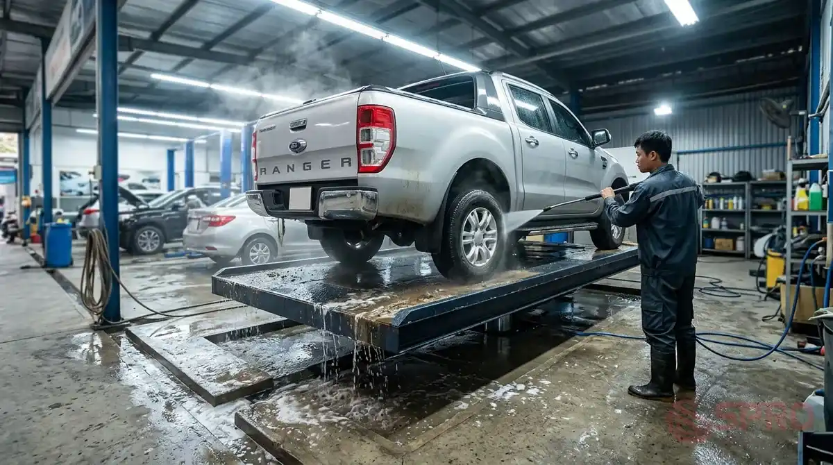 lắp cầu nâng 1 trụ rửa xe âm - Phương án thi công lắp nổi: Lắp nổi là giải pháp mang tính thực dụng cao và được áp dụng tại phần lớn các tiệm rửa xe phổ thông.