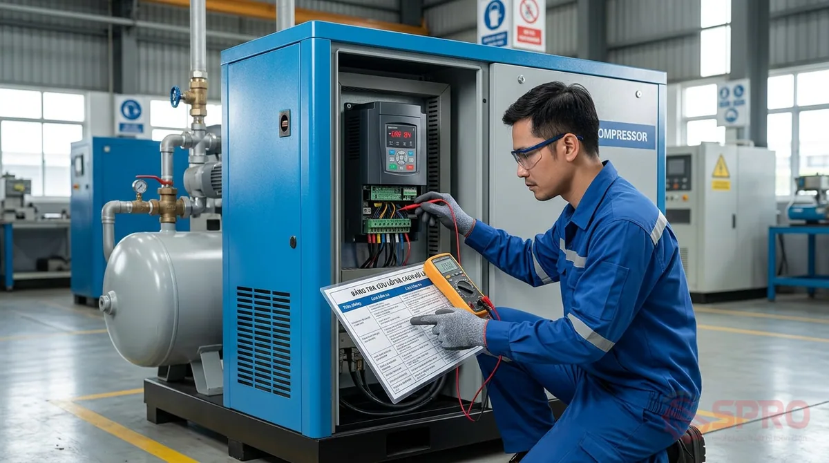 máy nén khí biến tần - 3. Bảng tra cứu nguyên nhân và cách xử lý cơ bản: Dưới đây là bảng tổng hợp các lỗi thường gặp và hướng kiểm tra an toàn dành cho