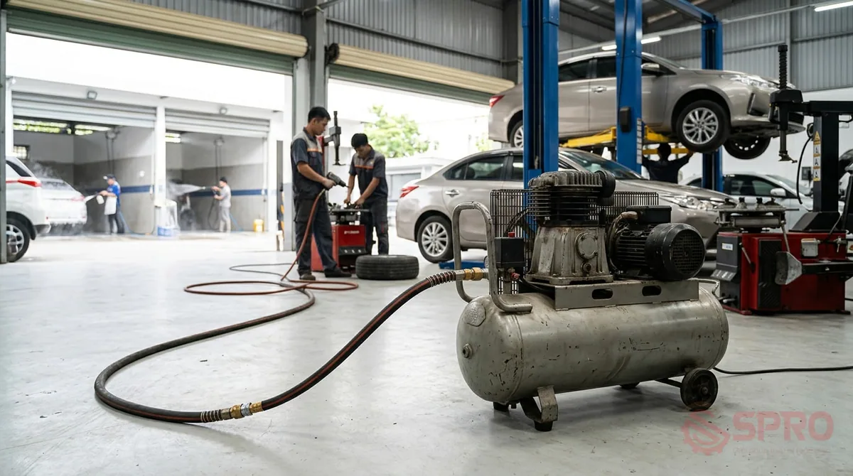 Máy nén khí cho tiệm rửa xe: Kịch bản thực tế từ bối cảnh đến vận hành 1 máy nén khí cho tiệm rửa xe - Bối cảnh vận hành và thách thức áp suất tại tiệm rửa xe: (Lưu ý: Đây là kịch bản phân tích kỹ thuật dựa trên các thông số vận hành tiêu chuẩn trong ngành chăm sóc xe).