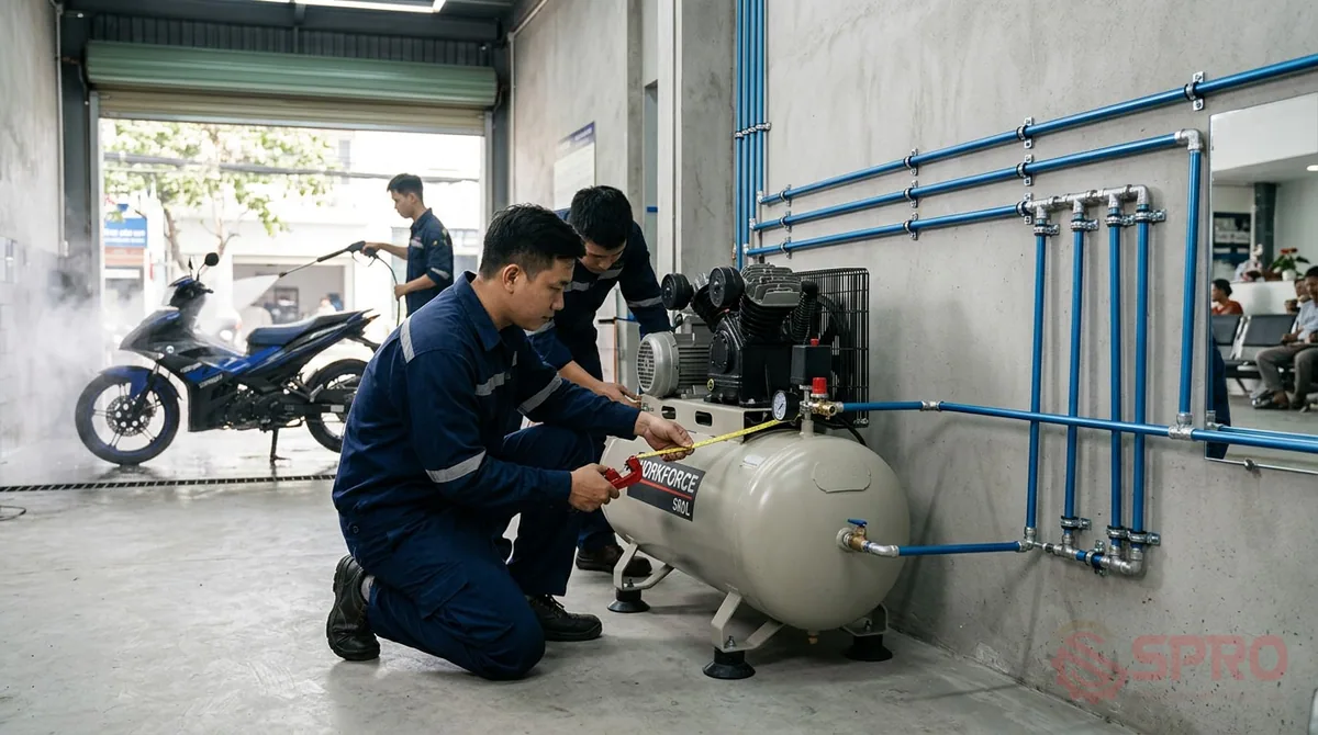 Máy nén khí cho tiệm rửa xe: Kịch bản thực tế từ bối cảnh đến vận hành 2 Quy trình triển khai và lắp đặt hệ thống máy nén khí cho tiệm rửa xe: Việc lắp đặt máy nén khí cho tiệm rửa xe đòi hỏi tuân thủ đúng quy chuẩn kỹ thuật mặt bằng để tối ưu hiệu suất và độ bền: 1.