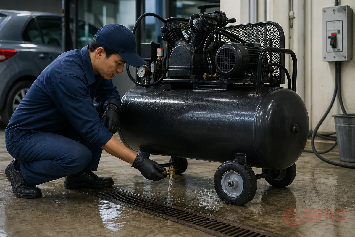 Máy Nén Khí Rửa Xe Ô Tô: Hướng Dẫn Sử Dụng Và Bảo Dưỡng An Toàn 2 máy nén khí rửa xe ô tô - Checklist vệ sinh và xả áp sau ca làm việc: Kết thúc ngày làm việc, việc hoàn tất checklist sau giúp bảo vệ máy khỏi rỉ sét lòng bình và tăng độ bền: Ngắt điện hoàn toàn: Tắt rơ le máy nén khí và ngắt aptomat nguồn cấp.