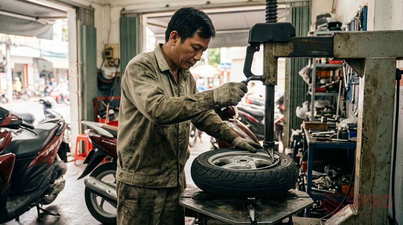 máy tháo vỏ xe - Tổng kết: Khi nào nên chọn loại máy nào?: - Chọn máy cho xe tay ga: Khi bạn chỉ tập trung vào mảng xe máy, diện tích tiệm nhỏ và ngân sách