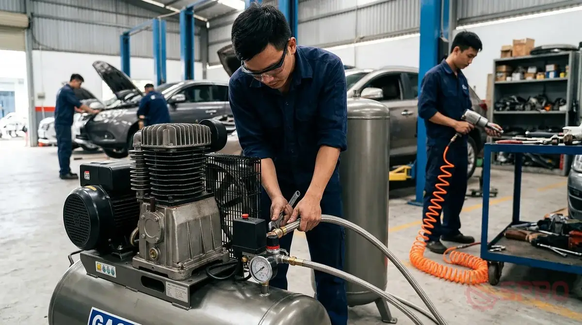 Nâng cấp hệ thống khí nén garage: So sánh giải pháp tốt nhất 2 nâng cấp hệ thống khí nén garage - 2. Nâng cấp lên máy nén khí Piston công suất lớn: Công dụng: Cung cấp lưu lượng khí nén cao hơn, duy trì áp suất làm việc từ 8 đến 12 bar, đáp ứng tốt cho từ 2 đến 4 vị trí làm việc.