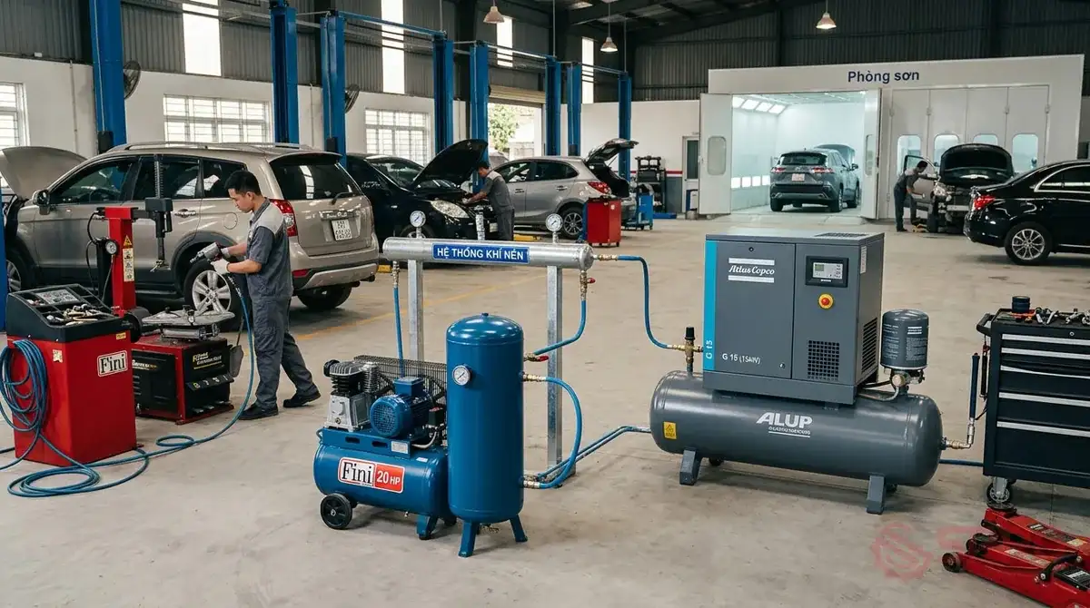Nâng cấp hệ thống khí nén garage: So sánh giải pháp tốt nhất 3 nâng cấp hệ thống khí nén garage - Kinh nghiệm lựa chọn giải pháp phù hợp theo quy mô garage: Chọn hệ thống Trục vít: Phù hợp với định hướng làm dịch vụ sơn hấp, Detailing cao cấp hoặc các xưởng ô tô vận hành nhiều cầu nâng cùng lúc đòi hỏi nguồn khí nén ổn định tuyệt đối.