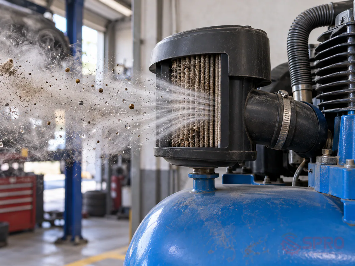 Nâng cấp lọc khí nén garage: So sánh bộ lọc đơn, đôi và máy sấy 1 Vì sao nâng cấp lọc khí nén garage quyết định chất lượng dịch vụ?: Trong quá trình hoạt động, máy nén khí hút bụi bẩn và hơi ẩm từ môi trường.