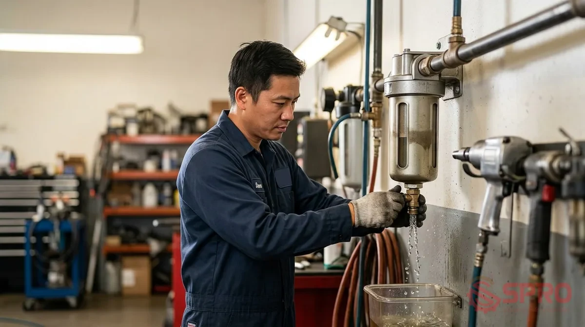 Nâng cấp lọc khí nén garage: So sánh bộ lọc đơn, đôi và máy sấy 2 nâng cấp lọc khí nén garage - Đánh giá chi tiết từng phương án lọc khí nén cho garage: Cốc lọc đơn Phương án này có chi phí thấp nhất, dễ thi công lắp đặt.