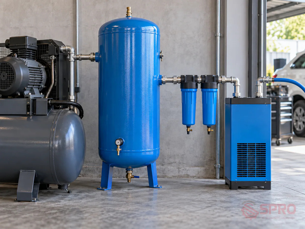 Nâng cấp lọc khí nén garage: So sánh bộ lọc đơn, đôi và máy sấy 3 Lưu ý kỹ thuật quan trọng khi nâng cấp lọc khí nén garage: Vị trí lắp đặt nên đặt sau bình tích áp để tận dụng khả năng giảm nhiệt tự nhiên.
