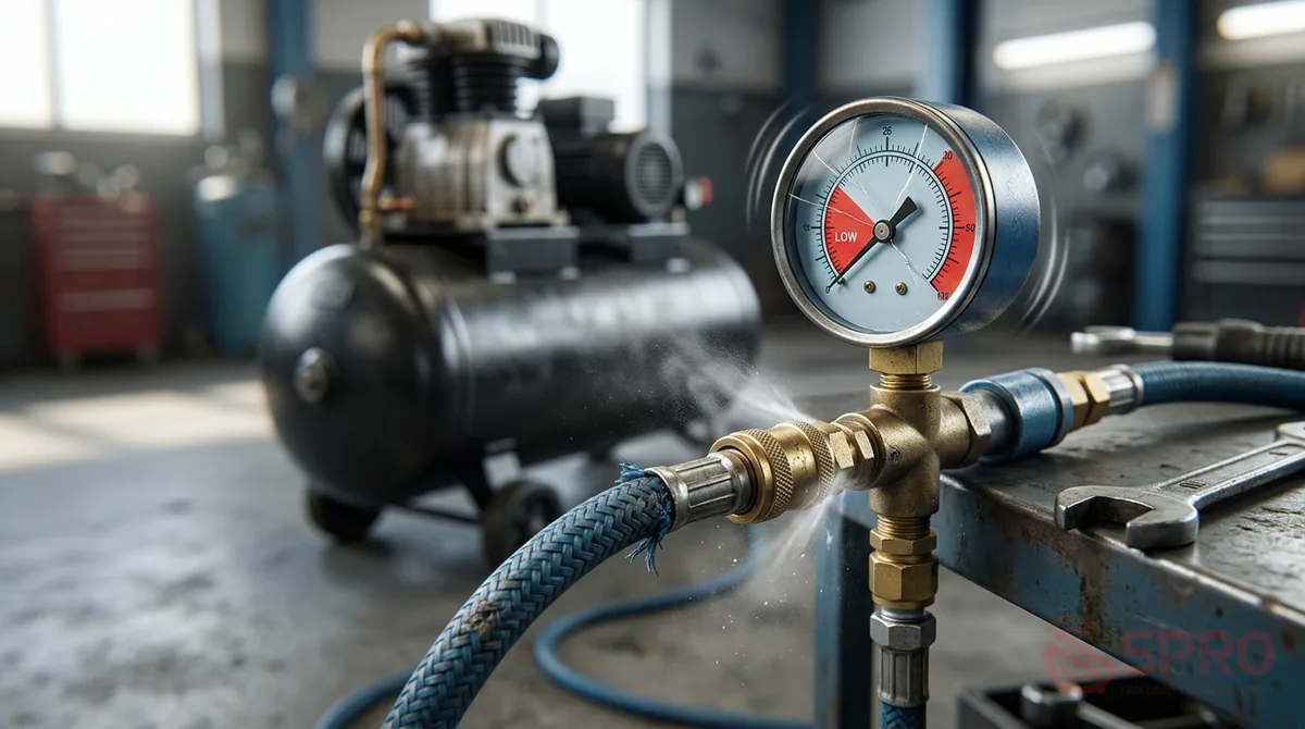 Nâng cấp phụ kiện máy nén khí garage đúng cách 1 nâng cấp phụ kiện máy nén khí garage - Dấu hiệu tụt áp và sự cố phụ kiện máy nén khí garage: Trong quá trình vận hành garage, hệ thống khí nén xuống cấp sẽ phát ra những tín hiệu cảnh báo rõ ràng.