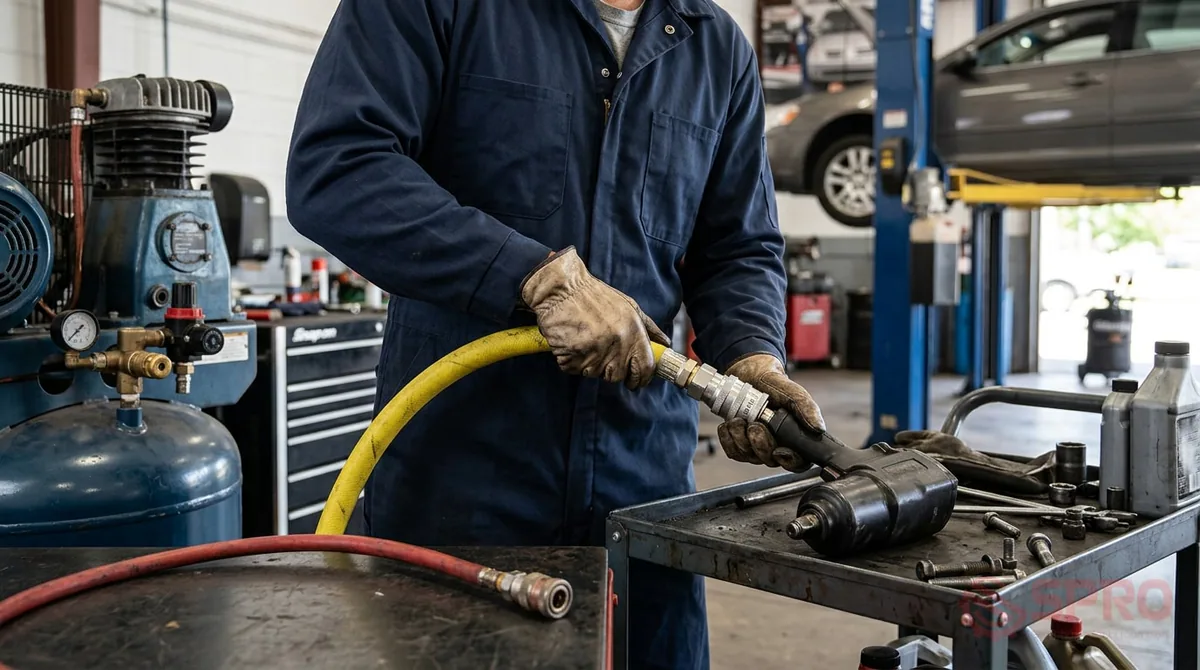 Nâng cấp phụ kiện máy nén khí garage đúng cách 2 Bảng tổng hợp triệu chứng và hướng xử lý nâng cấp phụ kiện máy nén khí garage: | Triệu chứng | Nguyên nhân | Hướng kiểm tra và xử lý an toàn | | : | : | : | | Súng siết bu lông yếu | Dây hơi nhỏ hoặc khớp nối bị bóp nghẹt | Nâng cấp phụ kiện máy nén khí garage sang dây phi lớn và đầu nối lưu lượng cao.