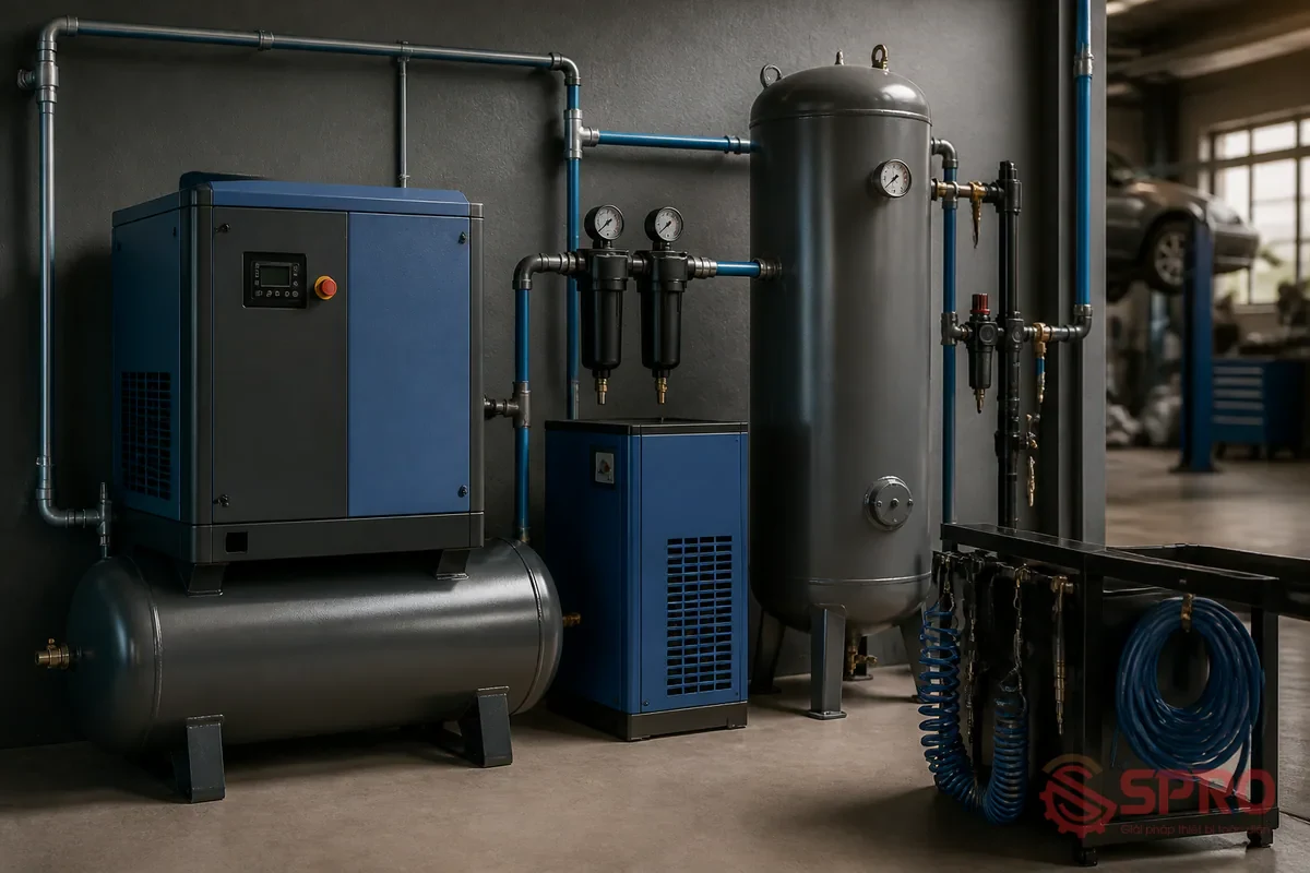 Phụ Kiện Hệ Thống Khí Nén Garage: So Sánh & Hướng Dẫn Chọn Lựa 1 Kết luận nhanh: Chọn phụ kiện hệ thống khí nén garage theo quy mô vận hành: Tiệm sửa xe máy, garage nhỏ (1 2 cầu nâng): Ưu tiên bộ lọc đôi nhỏ gọn, bình tích khí dung tích vừa phải (100 200L), dây hơi xoắn chịu áp chuẩn và cuộn thu dây tự động để tiết kiệm diện tích.