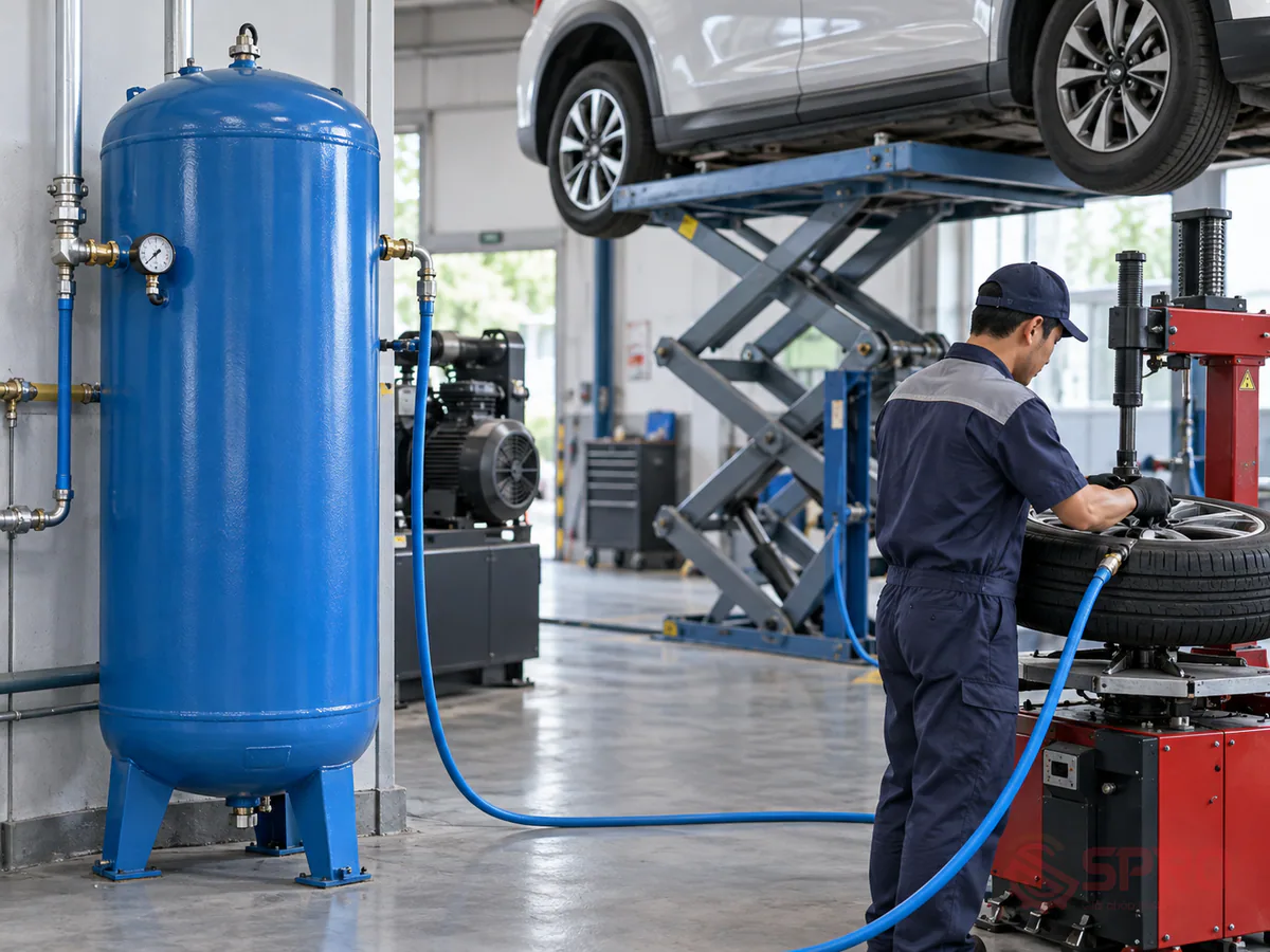 Phụ Kiện Hệ Thống Khí Nén Garage: So Sánh & Hướng Dẫn Chọn Lựa 2 phụ kiện hệ thống khí nén garage - 2. Bình tích khí (Bình chứa áp lực): Khi garage mở rộng thêm cầu nâng cắt kéo hoặc máy ra vào vỏ, lưu lượng khí nén tiêu thụ tại một thời điểm sẽ tăng vọt.