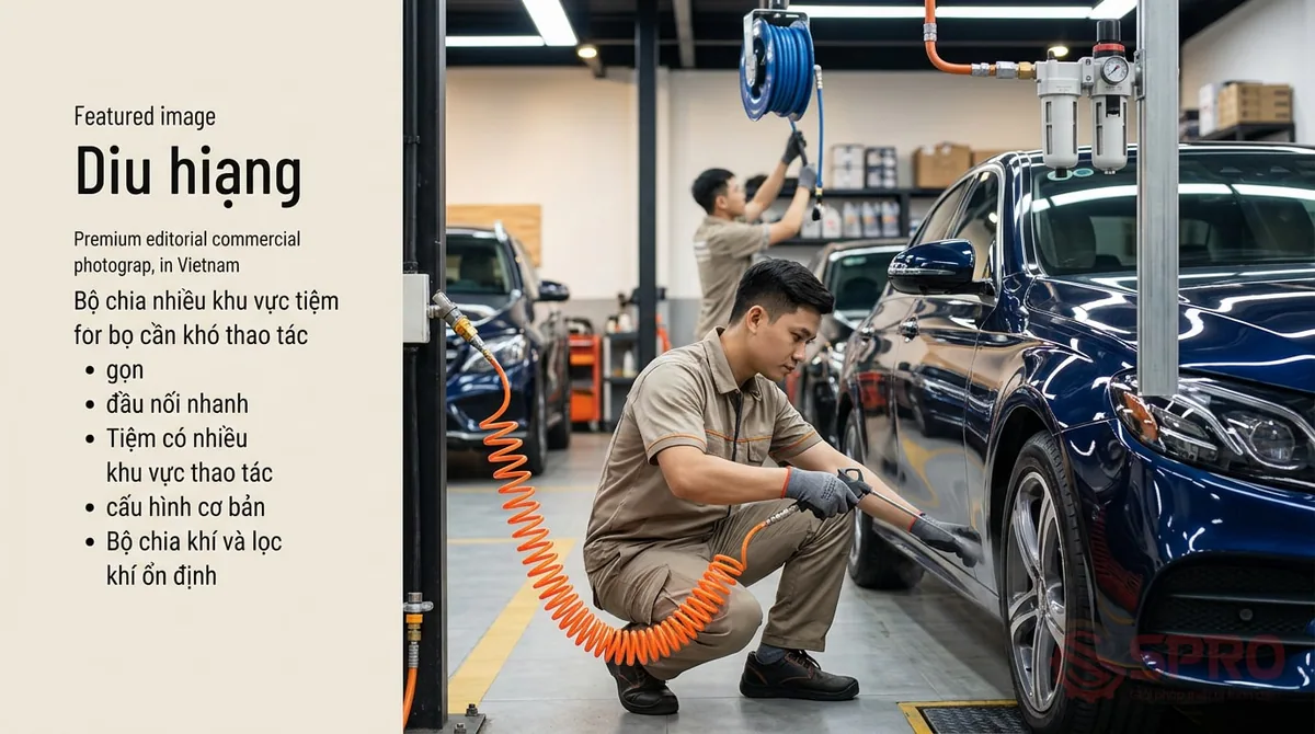Phụ kiện khí nén tiệm detailing: nên chọn gì? 3 phụ kiện khí nén tiệm detailing - Kết luận nhanh theo từng nhu cầu: Khi đặt đúng trong bài toán mặt bằng, quy trình và kế hoạch mở rộng, nhóm phụ kiện này sẽ giúp tiệm làm việc gọn hơn, nhanh hơn và ổn định hơn.