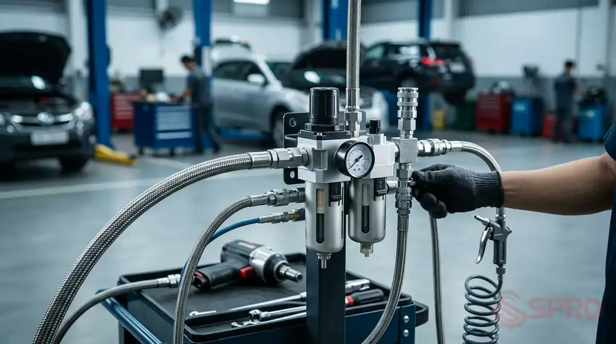 phụ kiện máy nén khí garage - Vai trò của phụ kiện máy nén khí trong garage: Máy nén khí là trái tim của hệ thống khí nén, nhưng chính các phụ kiện đi kèm mới là mạch máu giúp hệ thống vận hành trơn tru.