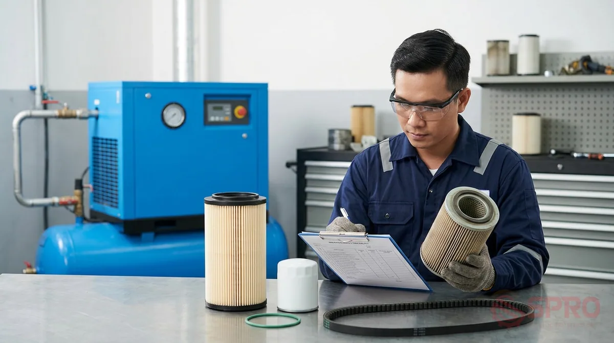 Quản lý phụ tùng thay thế máy nén khí chuẩn kỹ thuật 3 quản lý phụ tùng thay thế máy nén - Khung thời gian thay thế phụ tùng và dấu hiệu hư hỏng: Vòng đời của vật tư phụ thuộc vào môi trường vận hành thực tế.