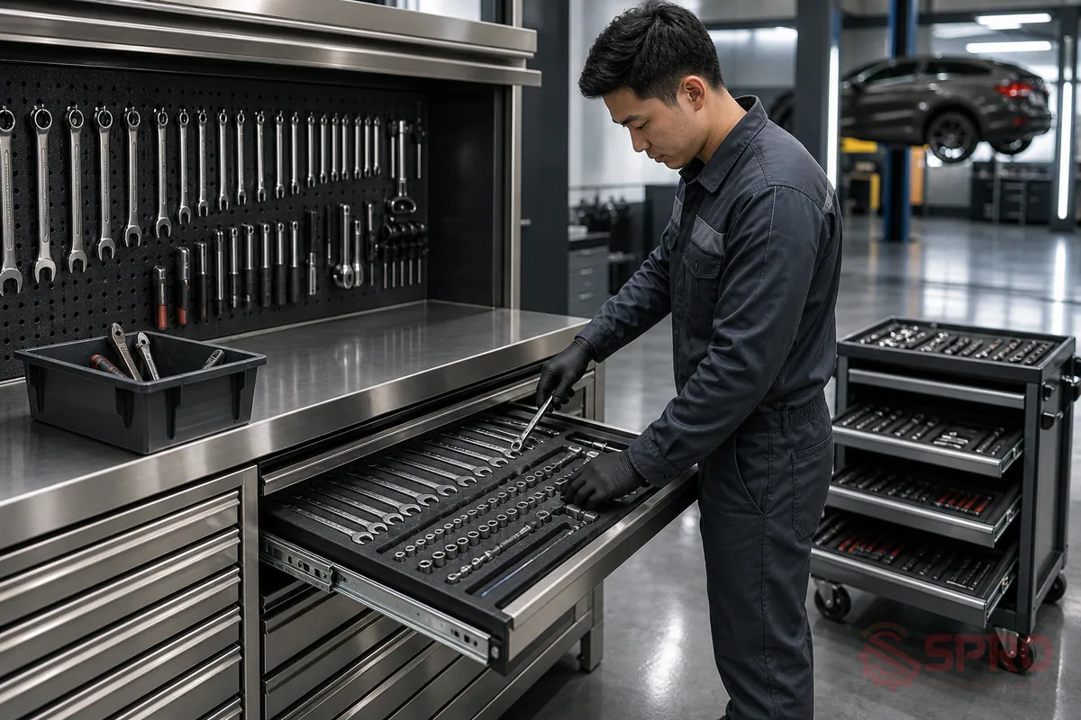 Quy hoạch tủ đồ nghề garage 5S: Nên chọn tủ, xe đẩy hay bàn nguội? 1 quy hoạch tủ đồ nghề garage 5S - Hiểu đúng về nguyên tắc 5S áp dụng vào tủ đồ nghề garage: Phương pháp 5S tiêu chuẩn xuất phát từ ngành sản xuất ô tô tập trung vào 5 bước căn bản: Seiri (Sàng lọc), Seiton (Sắp xếp), Seiso (Sạch sẽ), Seiketsu (Săn sóc) và Shitsuke (Sẵn sàng/Sẵn lòng).