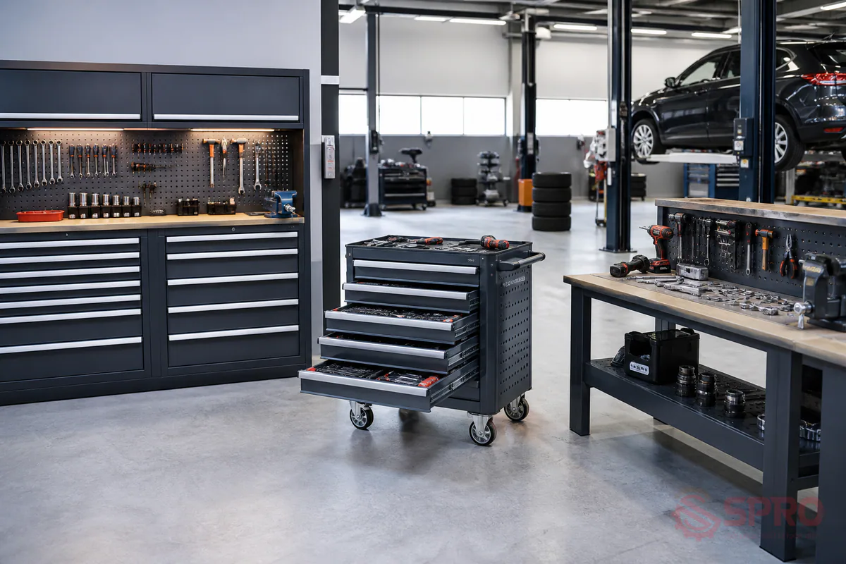 Quy hoạch tủ đồ nghề garage 5S: Nên chọn tủ, xe đẩy hay bàn nguội? 2 quy hoạch tủ đồ nghề garage 5S - So sánh các giải pháp: Tủ đồ nghề cố định, xe đẩy dụng cụ và bàn nguội: Để quy hoạch tủ đồ nghề garage 5S hiệu quả, chủ xưởng cần phân biệt rõ công năng của 3 nhóm thiết bị phổ biến.