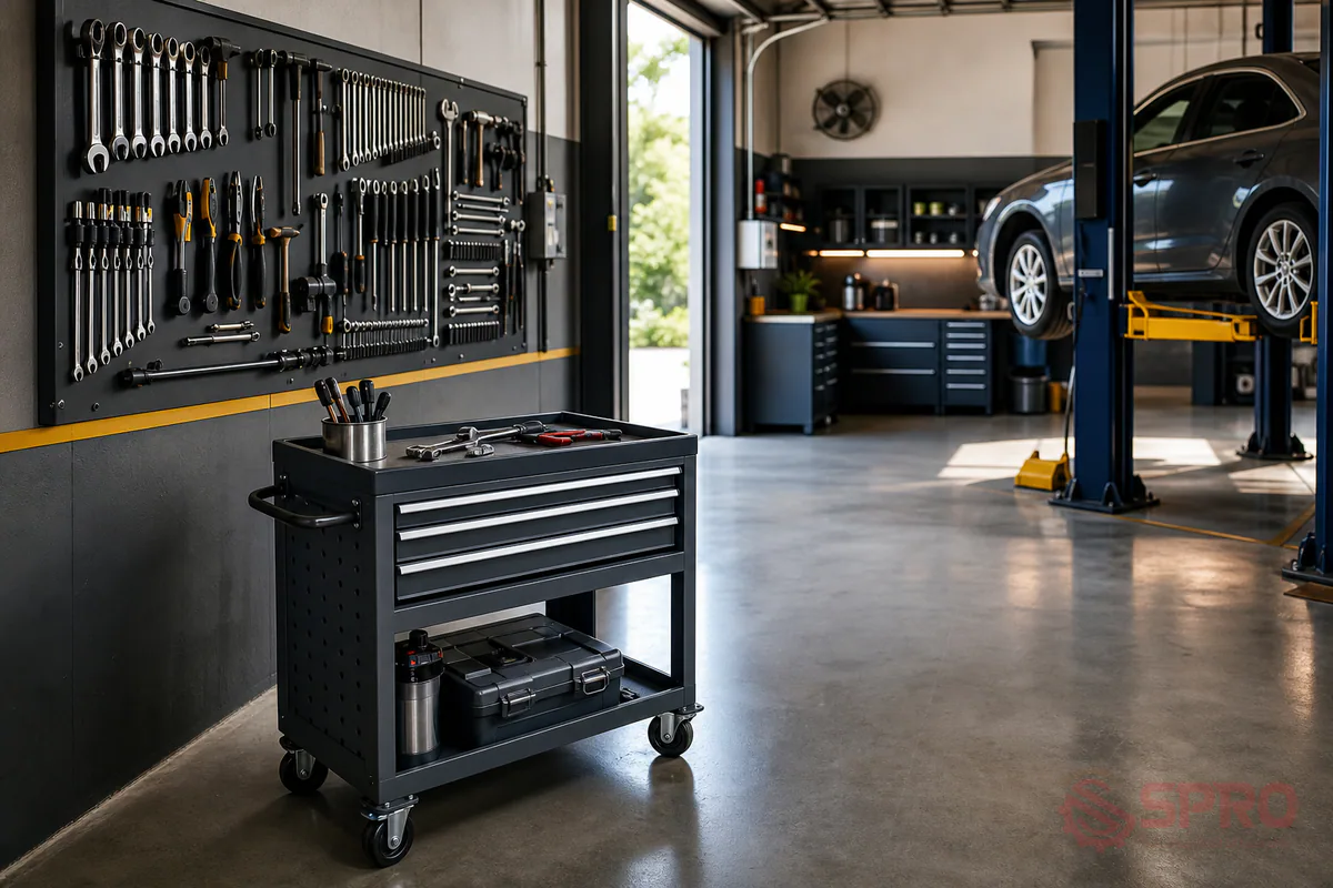 Quy hoạch tủ đồ nghề garage 5S: Nên chọn tủ, xe đẩy hay bàn nguội? 3 Hướng dẫn chọn cấu hình quy hoạch tủ đồ nghề garage 5S: Garage diện tích nhỏ (1 2 khoang làm việc): Ưu tiên dùng xe đẩy đồ nghề kết hợp bảng treo tường để tiết kiệm diện tích sàn mà vẫn đảm bảo tính linh hoạt.