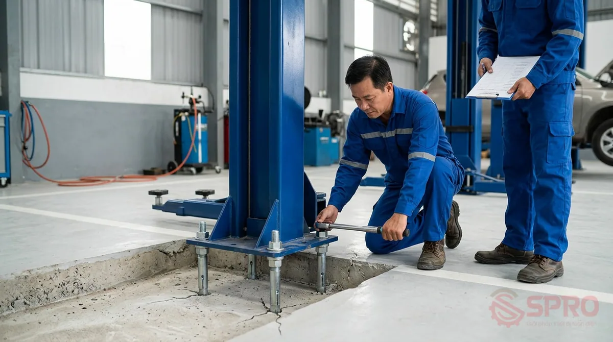 rủi ro lắp đặt cầu nâng - Cầu nâng 2 trụ: Đặc thù lắp đặt: Bắt trực tiếp xuống nền xưởng bằng bulong neo.