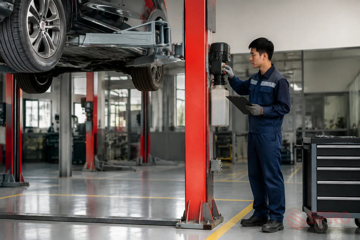 rủi ro lắp đặt cầu nâng ô tô - Quy trình kiểm tra định kỳ để loại bỏ rủi ro tái diễn: Để duy trì vận hành ổn định và kéo dài tuổi thọ thiết bị, garage cần tuân thủ các bước kiểm soát kỹ thuật: Kiểm tra vận hành đầu ngày: Cho cầu nâng chạy không tải 1 chu kỳ để kiểm tra chốt an toàn và độ êm của bơm thủy lực.