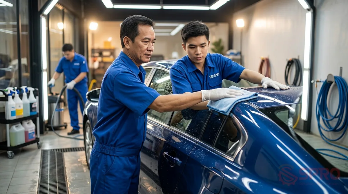 Rủi ro mở tiệm rửa xe truyền miệng và quy trình kiểm tra thực tế cho nhà đầu tư 3 rủi ro mở tiệm rửa xe truyền miệng - Bước 3: Đào tạo nhân sự và quy trình vận hành: Xây dựng quy trình rửa xe chuẩn từ khâu tiếp nhận, xịt gầm, rửa thân xe đến lau khô và bàn giao.