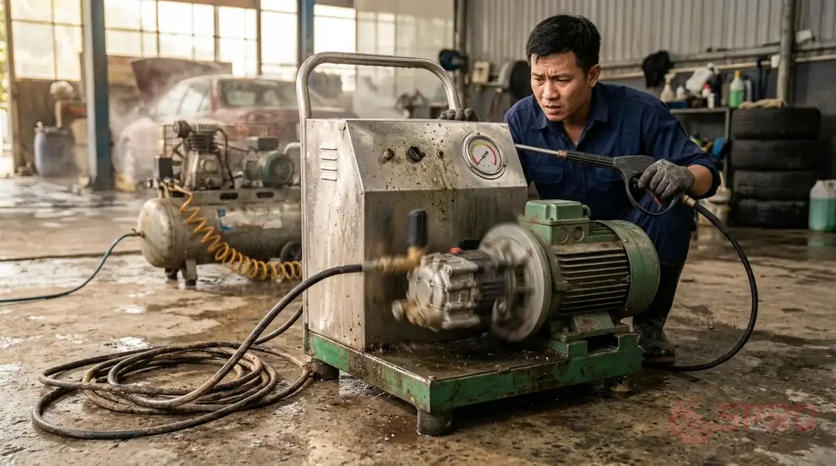 Dấu hiệu nhận biết bạn đang mắc sai lầm đầu tư thiết bị rửa xe: Máy nén khí chạy không ngừng nghỉ: Bình chứa khí quá nhỏ so với nhu cầu sử dụng (bơm lốp, xịt khô, vận hành cầu nâng, bình bọt tuyết), khiến motor phải hoạt động liên tục gây nóng máy.