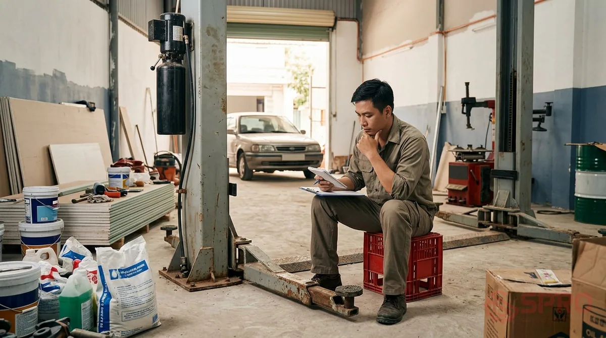 sai lầm khi mua cầu nâng ô tô - 1. Vì sao nhiều chủ garage chọn mua cầu nâng ô tô cũ?: Khi bắt đầu khởi nghiệp, chi phí thuê mặt bằng, xây dựng nhà xưởng và nhập vật tư tiêu hao chiếm phần lớn ngân sách.