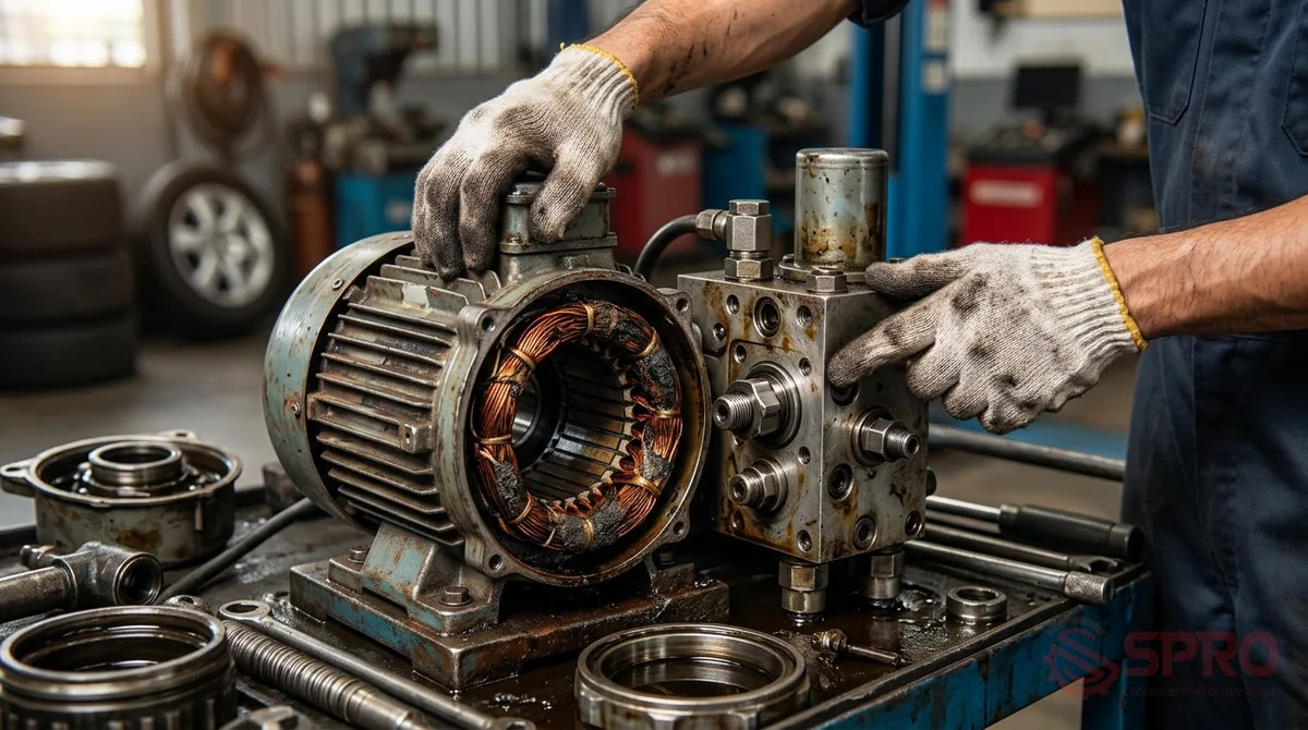 sai lầm khi mua cầu nâng ô tô - Đánh giá sai motor và hệ thống van xả thủy lực: Motor bơm bị quấn lại nhiều lần hoặc van một chiều bị kẹt sẽ làm cầu nâng hoạt động yếu, phát ra tiếng ồn lớn và không nâng đủ tải trọng thiết kế.