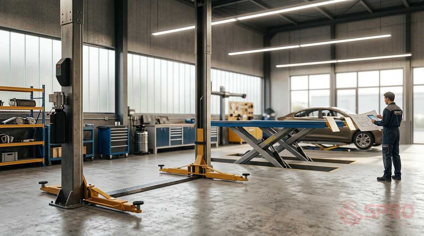 so sánh cầu nâng 2 trụ và cắt - Tư vấn giải pháp nâng hạ toàn diện tại SPRO: Mỗi xưởng dịch vụ đều có đặc thù riêng về mặt bằng và định hướng khách hàng.
