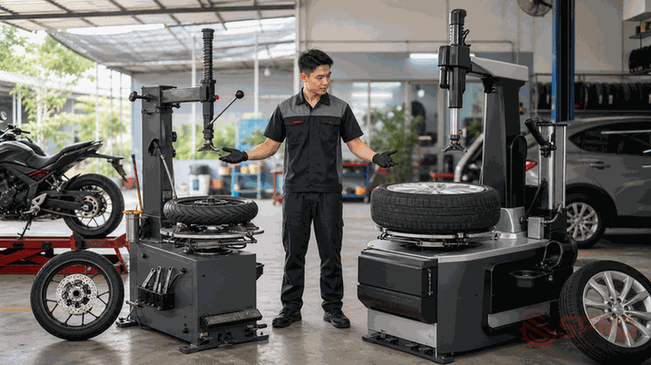 So sánh máy tháo vỏ cơ bản và máy tự động: Lựa chọn nào tối ưu cho tiệm của bạn? 1 so sánh máy tháo vỏ cơ bản và - 1. Tổng quan về nhu cầu sử dụng máy tháo vỏ hiện nay: Máy tháo vỏ (hay máy ra vào lốp) là thiết bị không thể thiếu trong