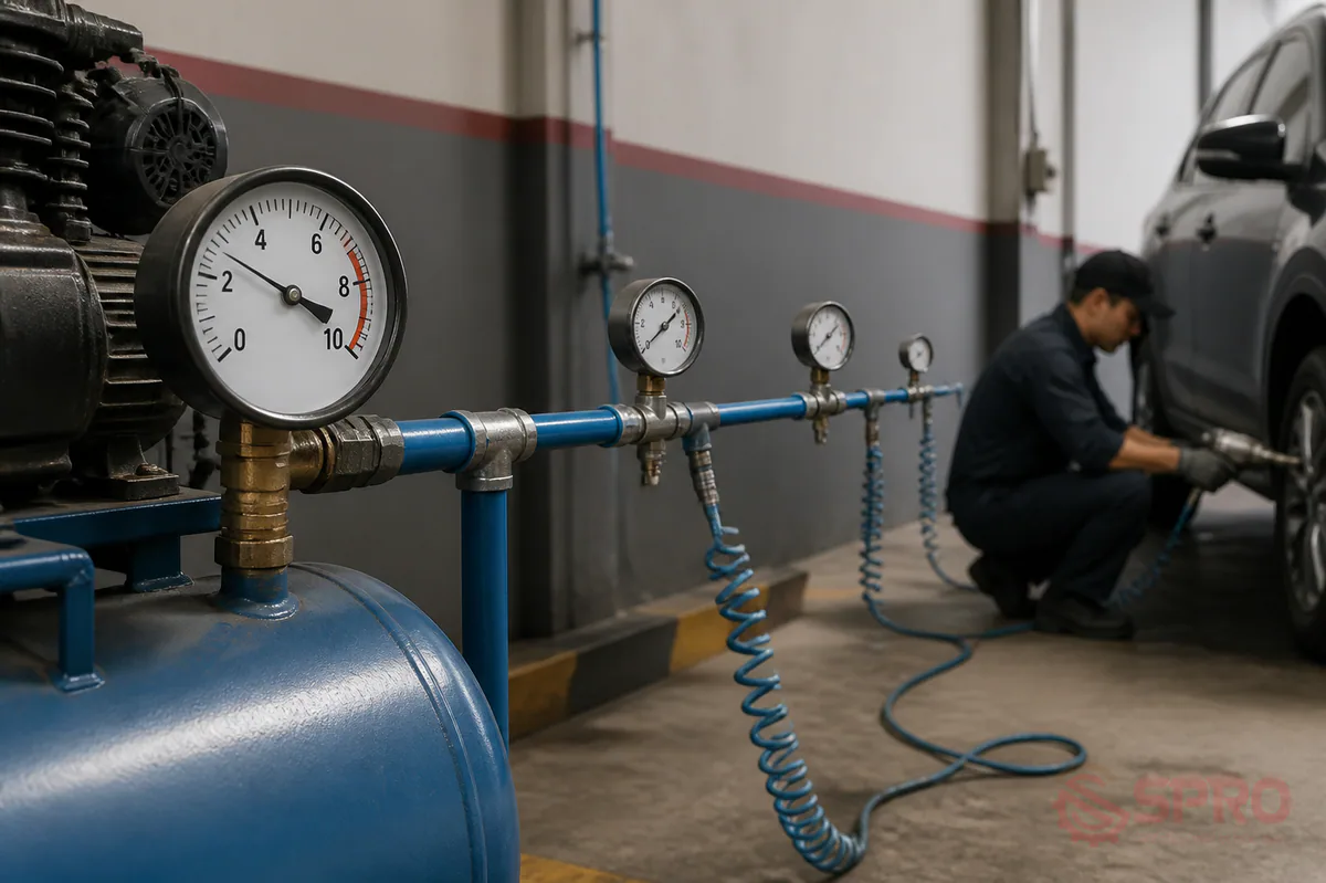 Sụt áp hệ thống khí nén garage là gì và vì sao phải quan tâm: Sụt áp xảy ra khi áp suất khí bị giảm dần từ máy nén đến các điểm sử dụng.