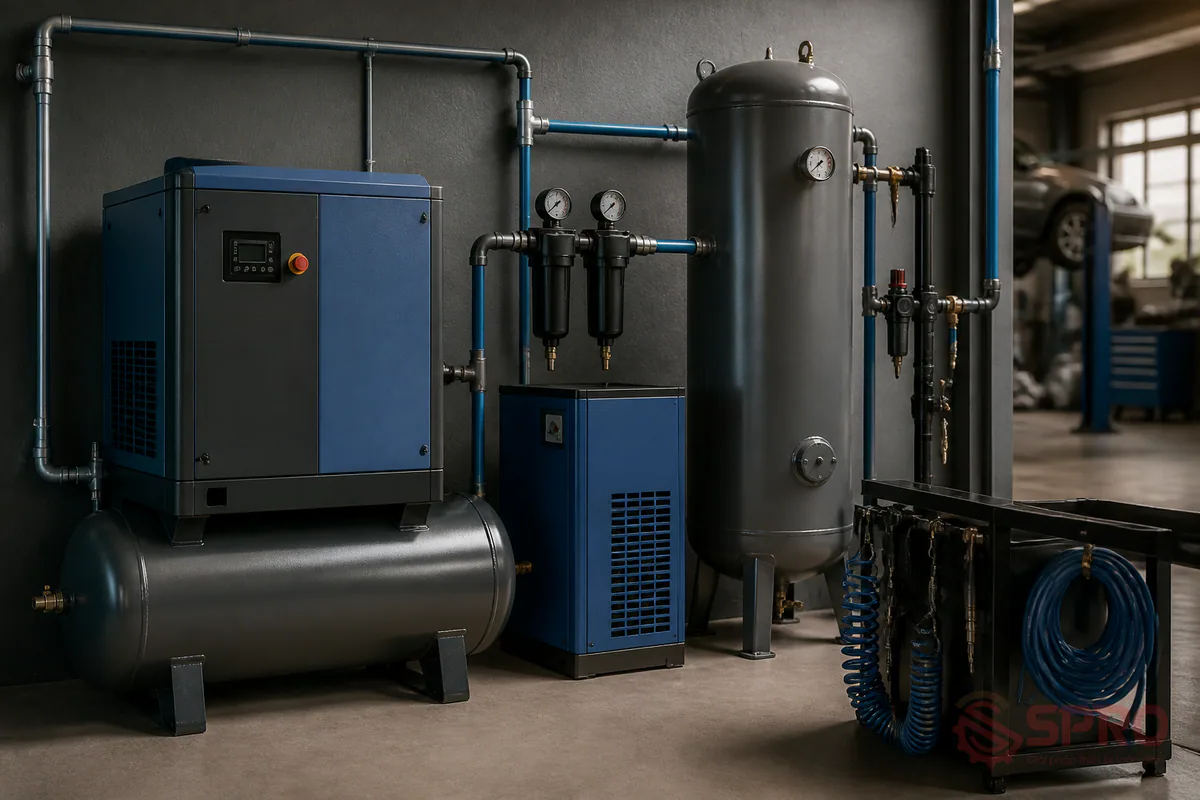 sụt áp hệ thống khí nén garage - Thiết bị nên có nếu garage muốn vận hành ổn định lâu dài: Sau nhóm bắt buộc, có một số hạng mục nên cân nhắc nếu garage làm việc nhiều ca hoặc muốn nâng cấp theo hướng chuyên nghiệp.