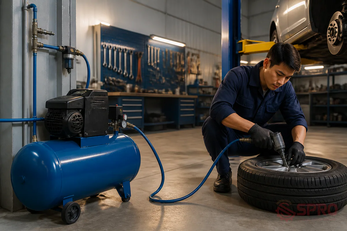 sụt áp hệ thống khí nén garage - Ví dụ triển khai thực tế theo góc nhìn đầu tư: Một garage nhỏ ban đầu chỉ cần máy nén phục vụ vài thiết bị cơ bản.