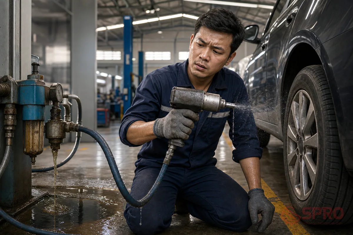 Tác hại khí nén bẩn garage và so sánh giải pháp xử lý 3 tác hại khí nén bẩn garage - Khi nào garage nên nâng cấp hệ thống khí nén?: Chủ xưởng nên xem xét nâng cấp hệ thống xử lý khí nén khi gặp các dấu hiệu sau: Súng siết bu lông thường xuyên bắn ra nước hoặc chạy yếu đột ngột.