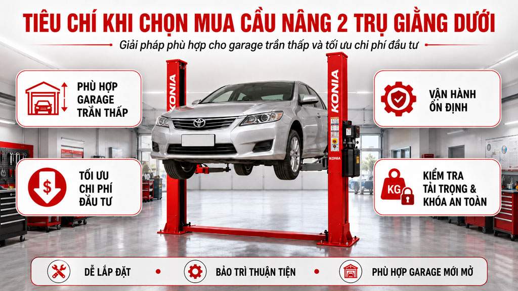 Tiêu chí khi chọn mua cầu nâng 2 trụ giằng dưới Tiêu chí khi chọn mua cầu nâng 2 trụ giằng dưới