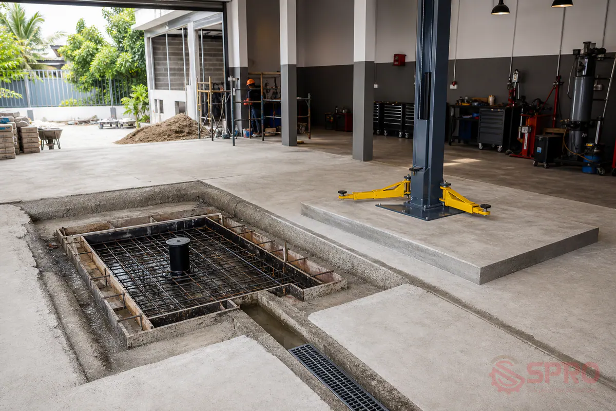 tiêu chuẩn hố móng cầu nâng 1 trụ - Chi phí và điều kiện mặt bằng thi công: Xét về chi phí đào và đổ bê tông, phương án lắp nổi thường tiết kiệm hơn do không cần thợ nề tạo rãnh chứa bàn nâng.